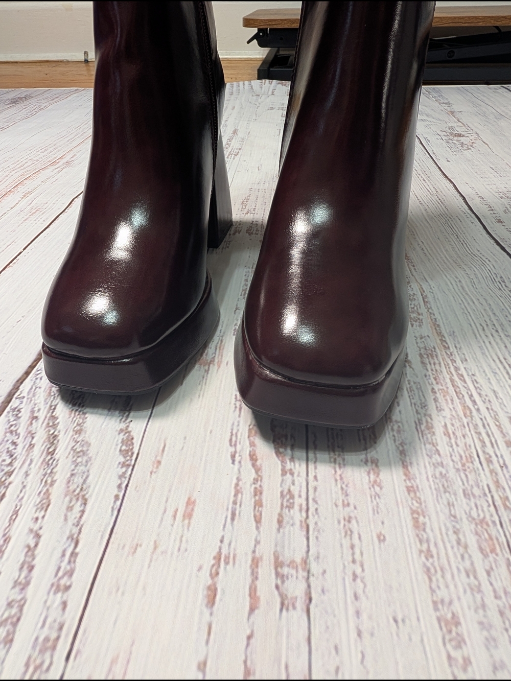 Burgundy Faux Leather Knee High Platform Boots Chunky 3.5" Block Heel Size 7 - Picture 4 of 12